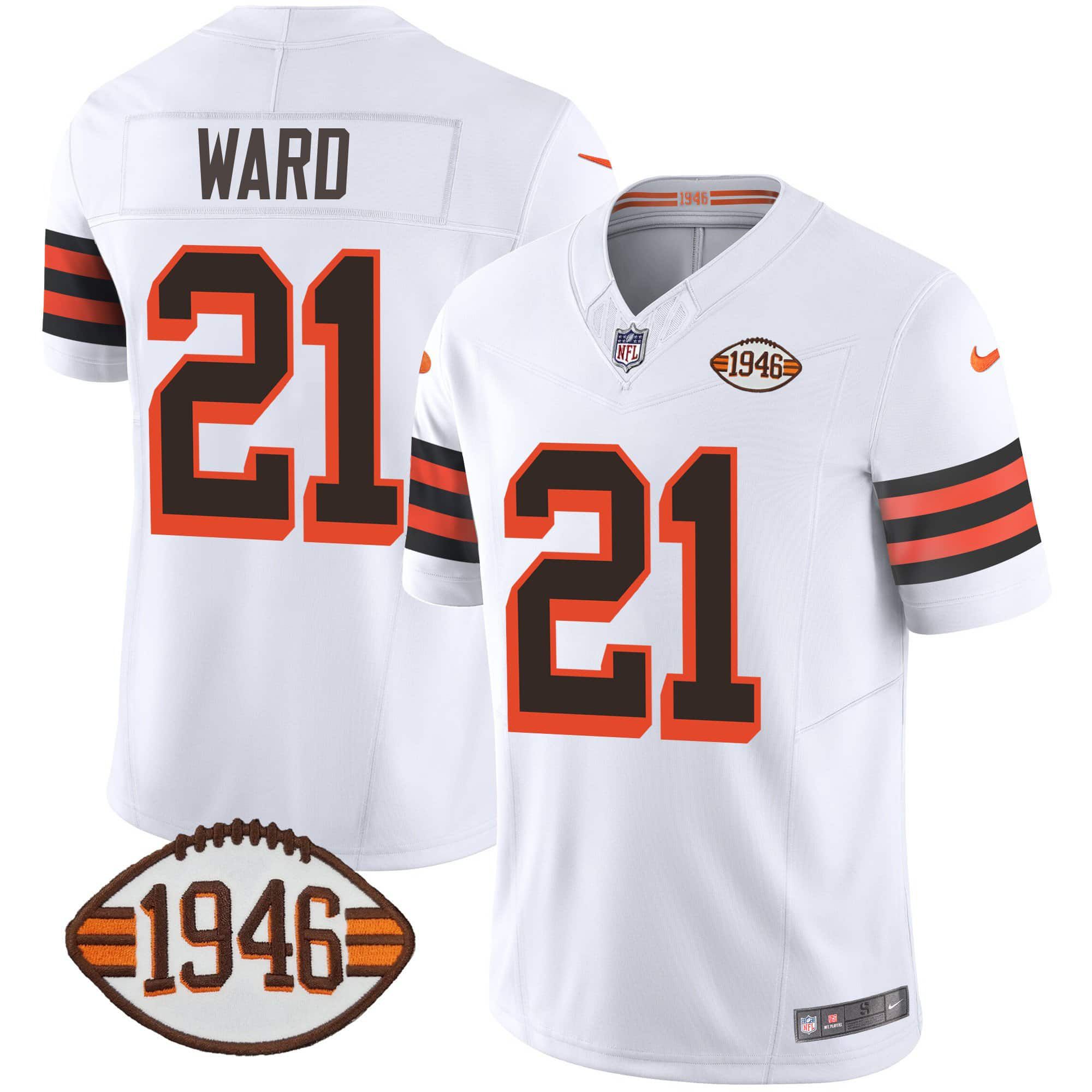 Men Cleveland Browns 21 Ward White 1946 75th Anniversary Patch 2024 Nike NFL Jersey
